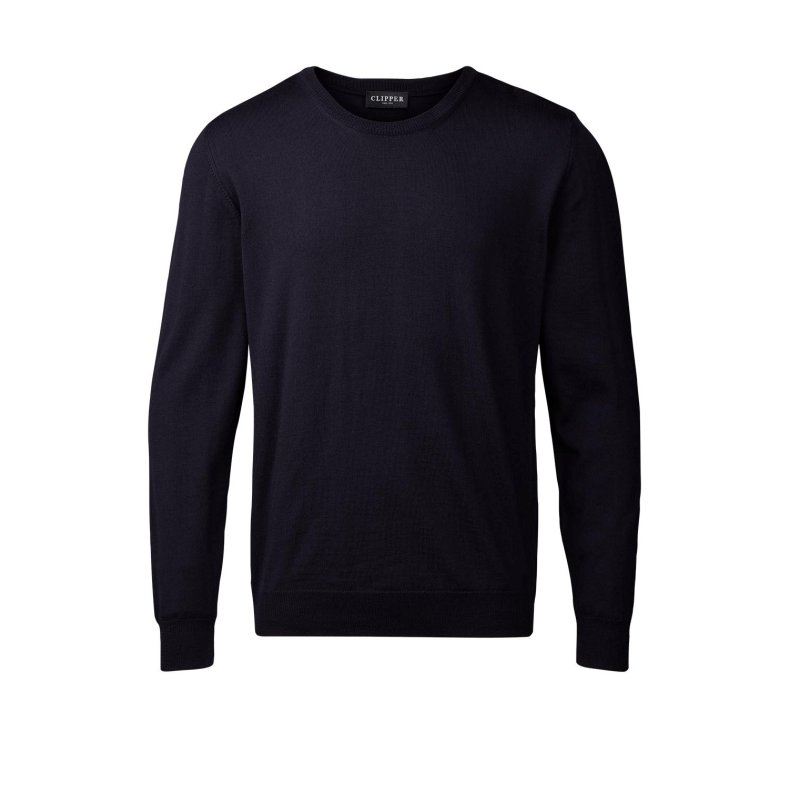 Clipper strik med O-hals, 100% merino uld, navy