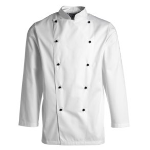 Herre kokkejakke m/kugleknapper, langt rme, hvid