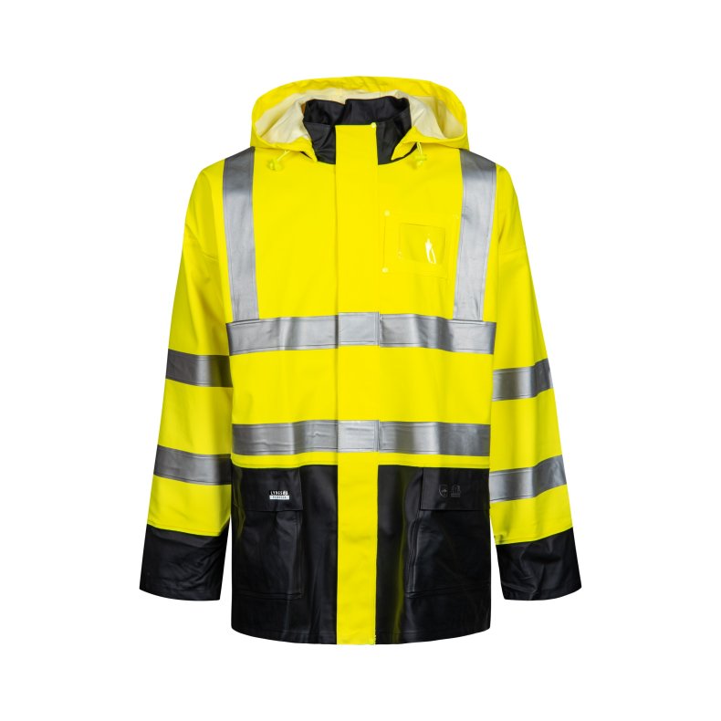 Lyngse Hi-Vis PU/PVC regnjakke med htte, gul/marine